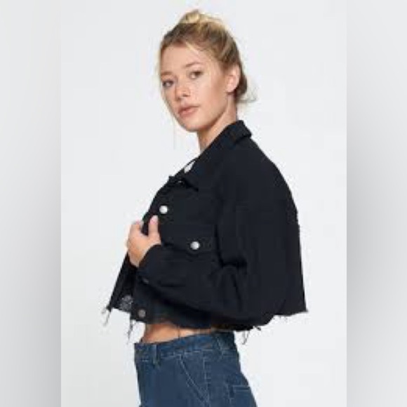 I & M black label distressed cropped washed black denim jacket size Medium - Picture 1 of 5
